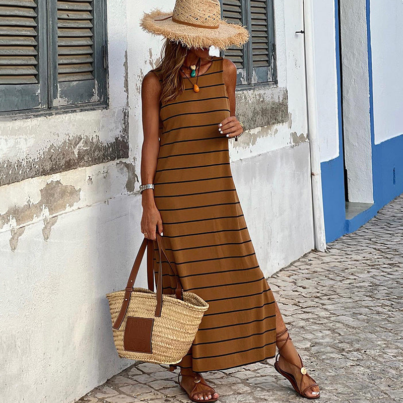 Summer Stripes Printed Vest Dress round Neck Sleeveless High Waist Slim Low Collar Maxi Dress by Ragazza