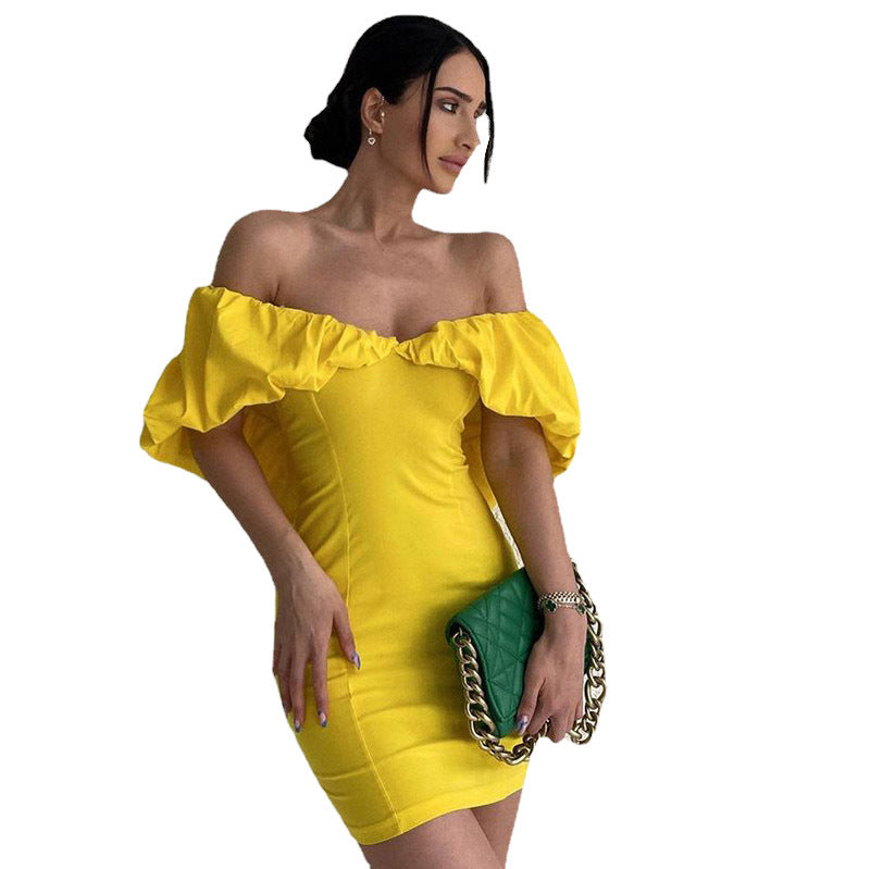 Spring Casual Vacation Tight Waist Slimming Sense Design Pleated Off Shoulder Hip Bag Dress by Ragazza