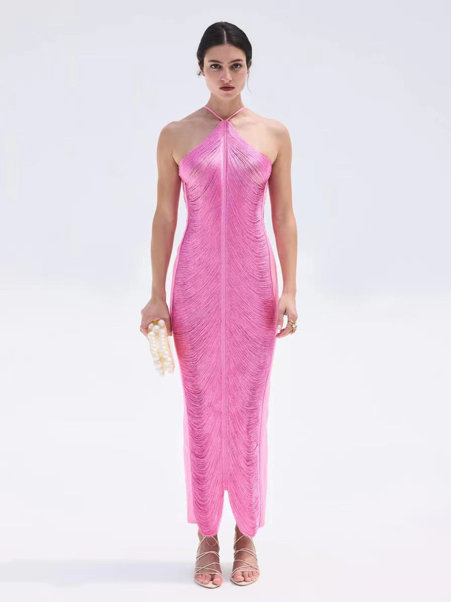 Women Tassel Back Slit Halter Dress  DestGlow