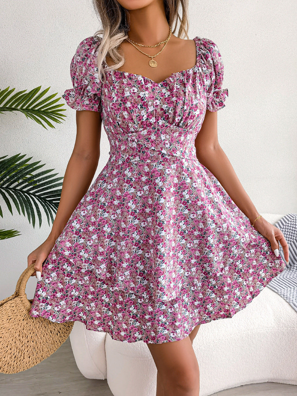 Spring Summer Elegant Floral Lace-up Waist-Controlled Large Hem Dress Women Clothing by Ragazza