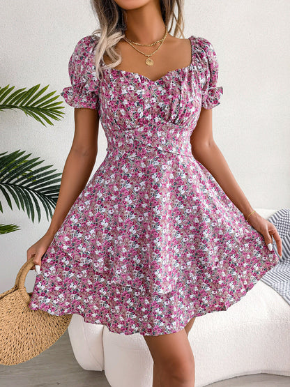 Spring Summer Elegant Floral Lace-up Waist-Controlled Large Hem Dress Women Clothing by Ragazza