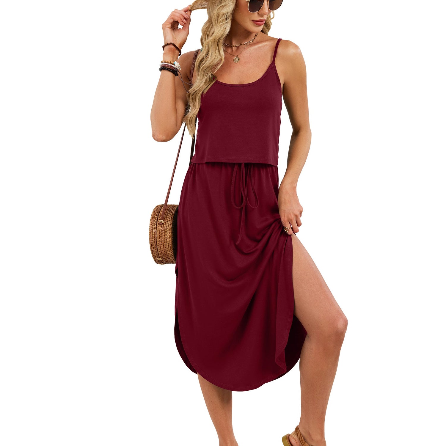 Spring Summer Solid Color U Neck Camisole Drawstring Split Dress by Ragazza