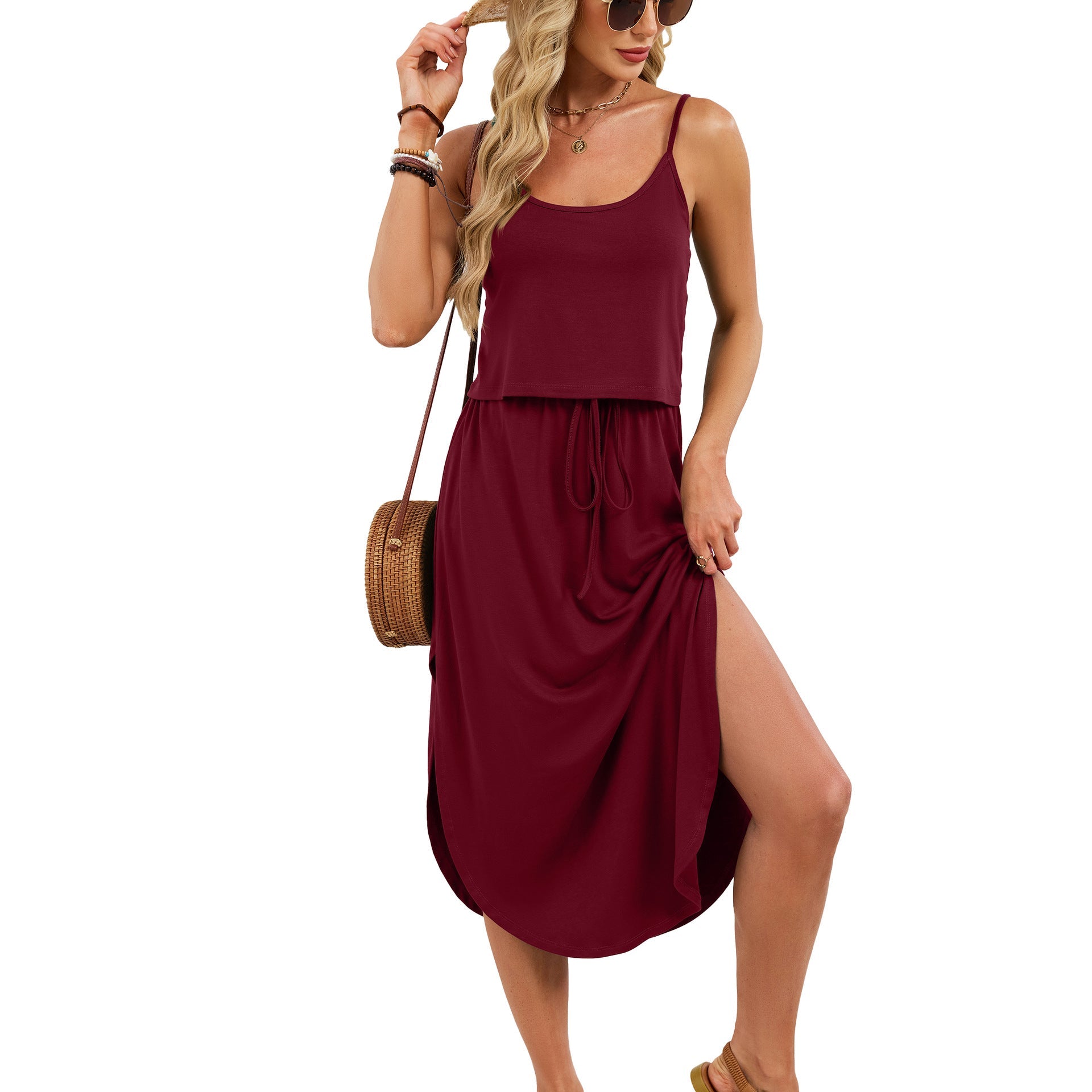 Spring Summer Solid Color U Neck Camisole Drawstring Split Dress by Ragazza