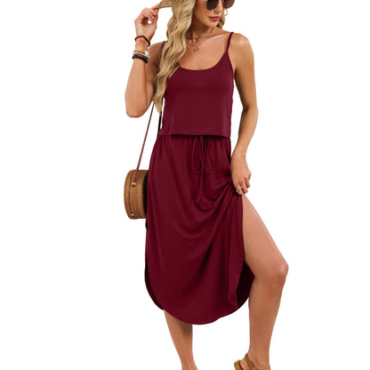 Spring Summer Solid Color U Neck Camisole Drawstring Split Dress by Ragazza
