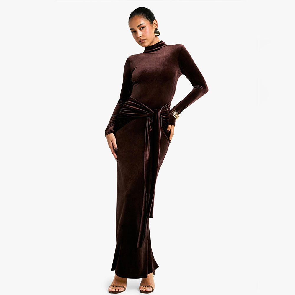 Autumn Winter Sexy Women Clothing Dress Half High Collar Long Sleeves Solid Color Maxi Dress Lace up Pleated Dress by Ragazza