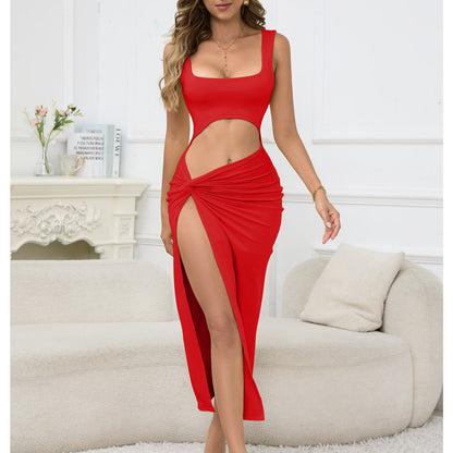Women Clothing Maxi Dress Suspender Solid Color Hollow Out Cutout Out Cropped Sexy Dress by Ragazza