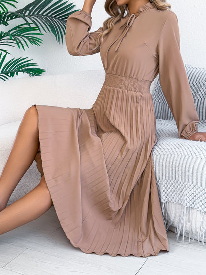 Women Clothing Spring Summer Elegant Lace up Lantern Sleeve Long Pleated Dress by Ragazza