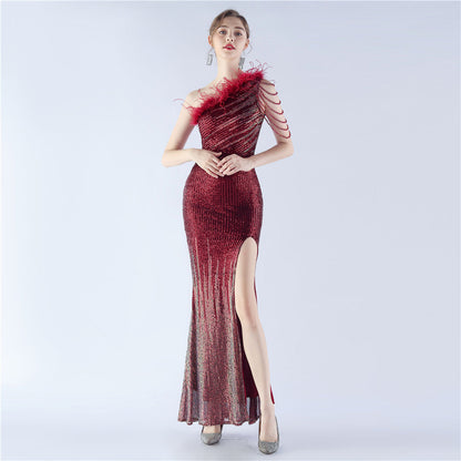 Gradient Sequin Craft Beaded Ostrich Feather Diagonal Collar One Shoulder Long Evening Dress by Ragazza