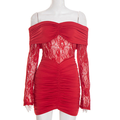 Women Autumn Winter Sexy off Shoulder Lace Stitching Hip Mini Dress by Ragazza