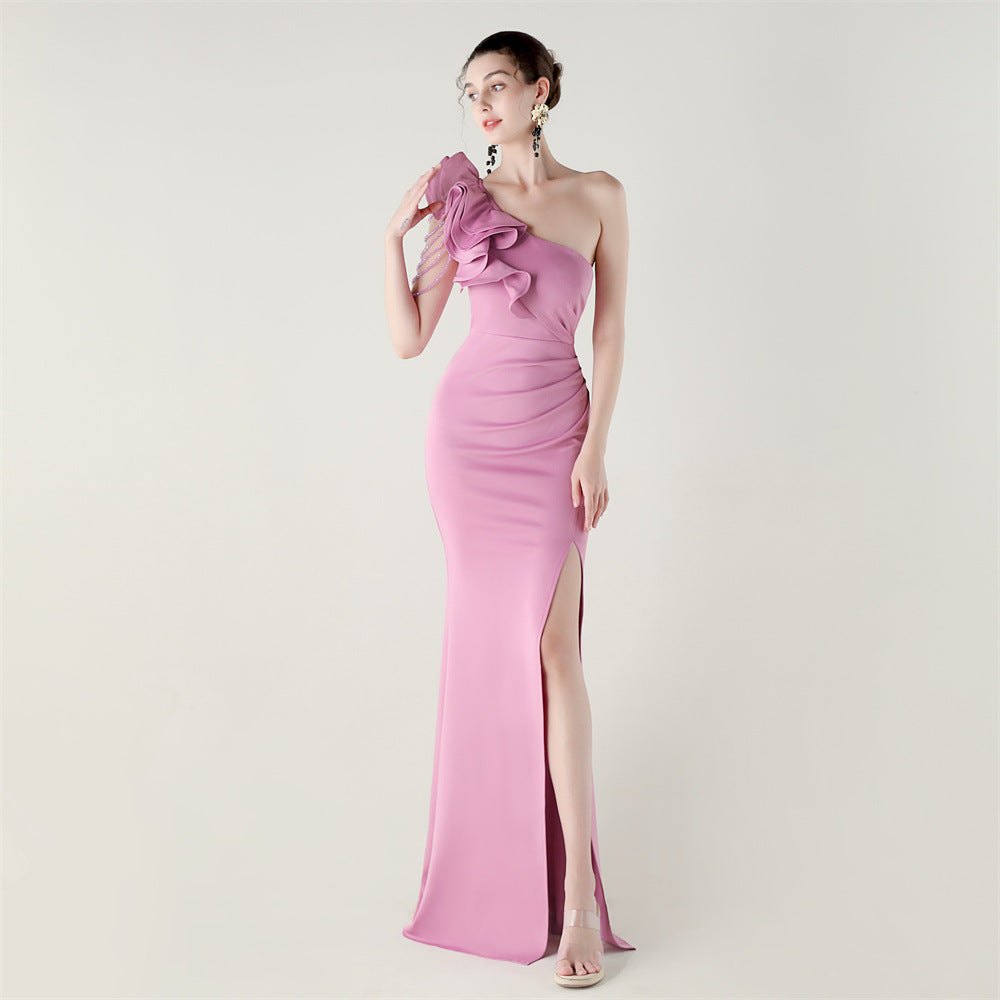 One Shoulder Craft Beading Wave Floral Satin High Slit Sexy Evening Dress Dinner Party Wedding Social by Ragazza