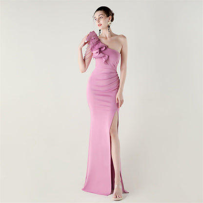 One Shoulder Craft Beading Wave Floral Satin High Slit Sexy Evening Dress Dinner Party Wedding Social by Ragazza