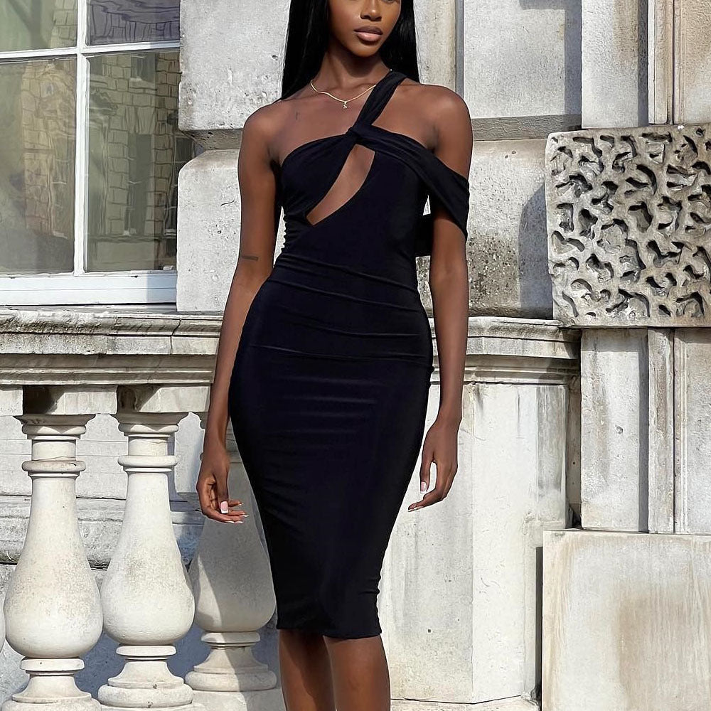 Spring Summer Sheath Dress Solid Color Sexy Cutout Diagonal Collar Elegant Dress by Ragazza