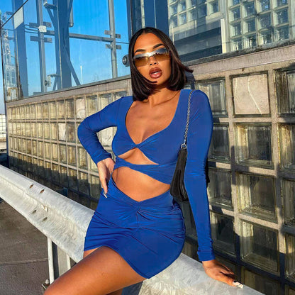 Autumn Winter Long Sleeved Dress Sexy Deep V Plunge Hollow Out Cutout Ties Women Ruffle Hip Dress by Ragazza