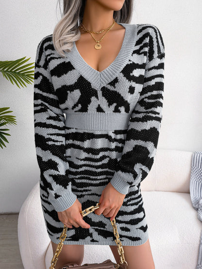 Autumn Winter Tiger Pattern Lantern Sleeve Waist Tight Woolen Women Clothing by Ragazza