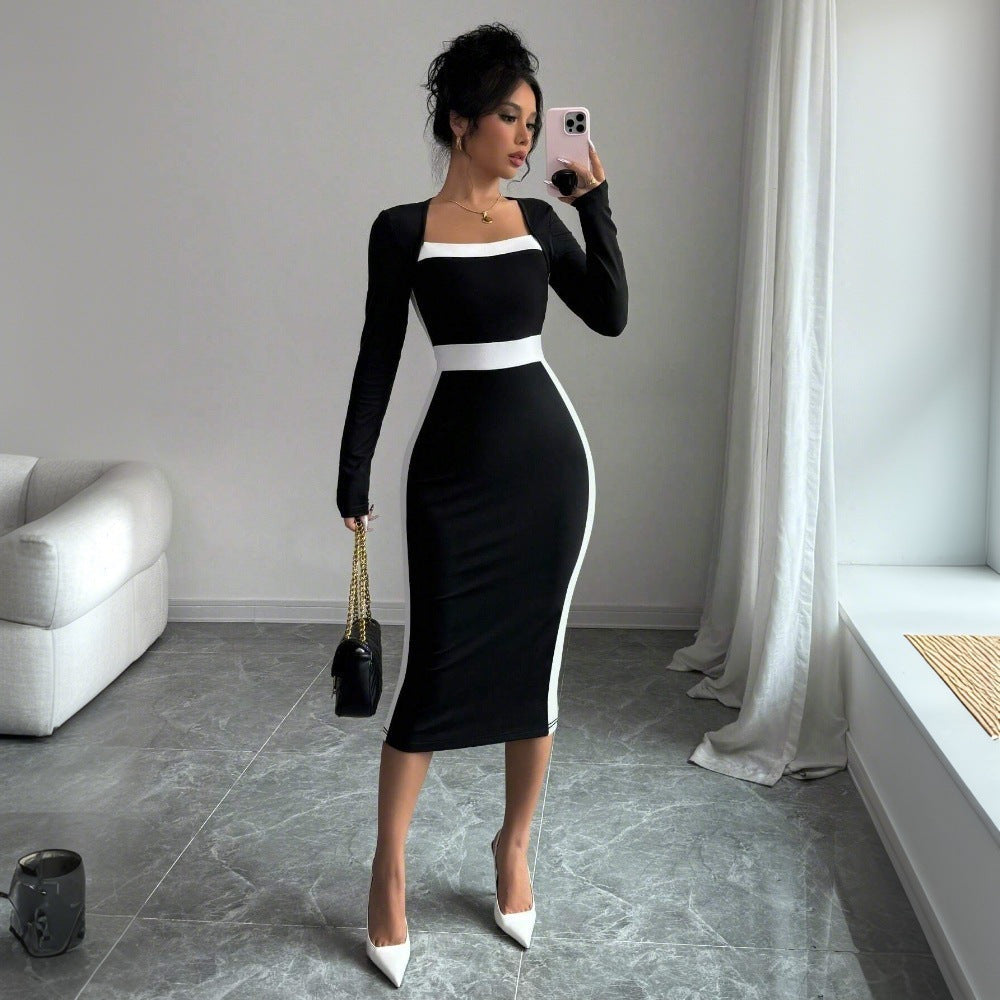 Women Clothing Stitching Contrast Color Midi Dress Sexy Sheath Long Sleeve Dress  DestGlow