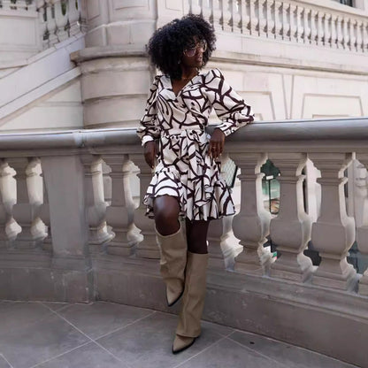 Women Clothing Autumn Printed V neck Long Sleeve Ruffles Dress by Ragazza