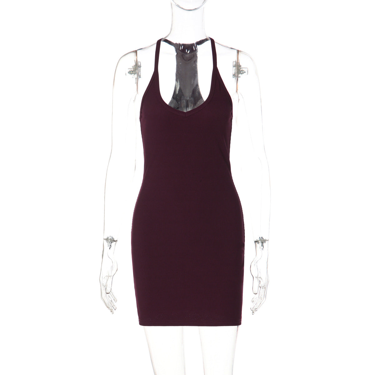 Women Solid Color Sexy Low Cut V neck Halter Backless Waist Slimming Tight Sheath Dress by Ragazza