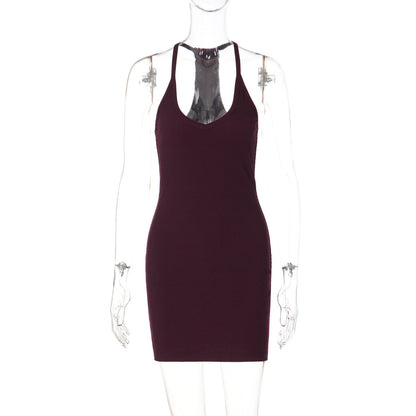 Women Solid Color Sexy Low Cut V neck Halter Backless Waist Slimming Tight Sheath Dress by Ragazza