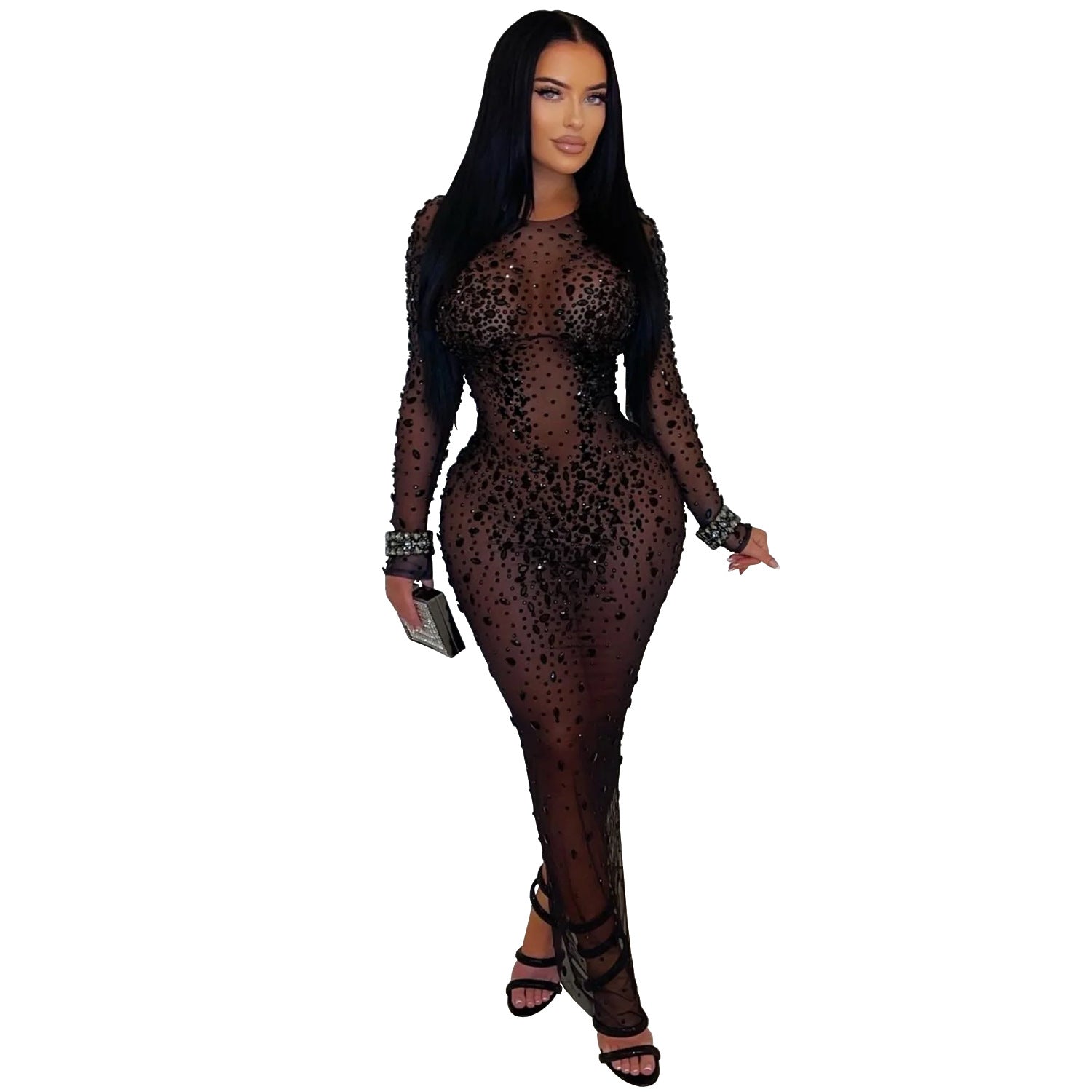 Women Wear Sexy Sheer Mesh Rhinestone Sheath Dress by Ragazza