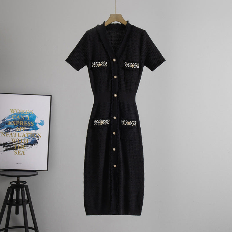 Summer Japanese Korean Women Clothing Classic V neck Short Sleeve Beaded Midi Dress Waist Tight Knitted Dress  DestGlow