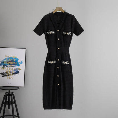 Summer Japanese Korean Women Clothing Classic V neck Short Sleeve Beaded Midi Dress Waist Tight Knitted Dress  DestGlow