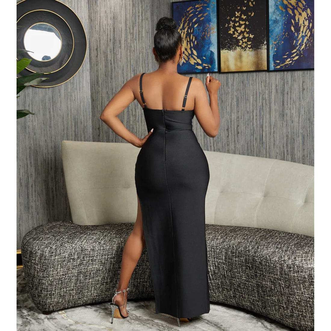 Women Wear Solid Color Mesh Hollow Out Cutout Bandage Maxi Dress by Ragazza