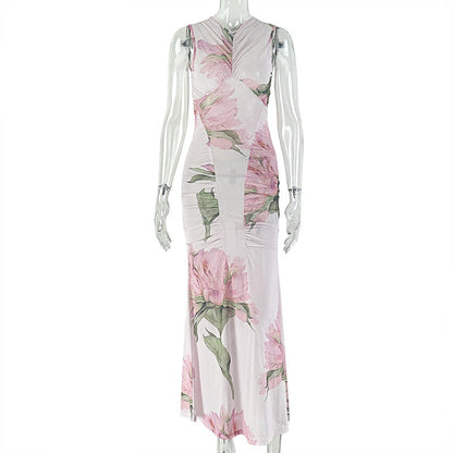 Office Women Elegant Printed One Step Hip Dress V neck Sleeveless Maxi Dress by Ragazza