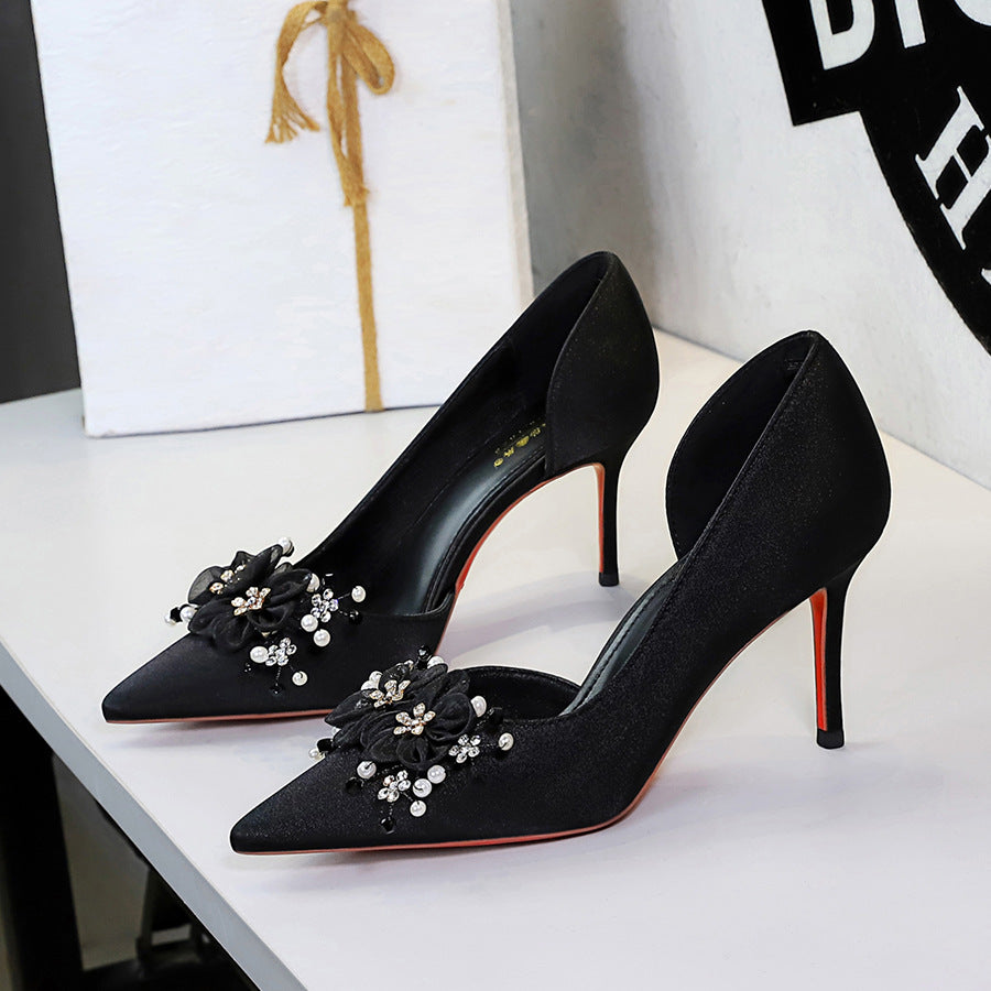 French Fengshui Diamond Floral Party Shoes Pointed Toe Side Empty Red Background Slip on Stiletto Satin Pumps  DestGlow