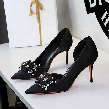 French Fengshui Diamond Floral Party Shoes Pointed Toe Side Empty Red Background Slip on Stiletto Satin Pumps  DestGlow