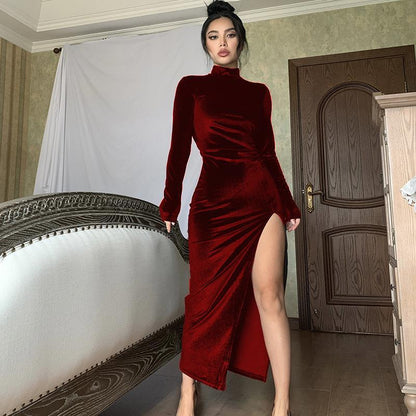 Women Clothing Autumn Winter Turtleneck Maxi Dress Slim Pleated Split Dress by Ragazza