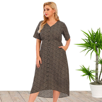Plus Size Women Summer Short Sleeve Printed Button Pocket Dress by Ragazza