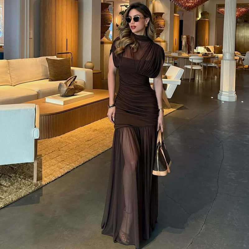 Sexy Socialite Tight Waist Close Fitting Stitching Gauzy Package Hip Maxi Dress for Women by Ragazza