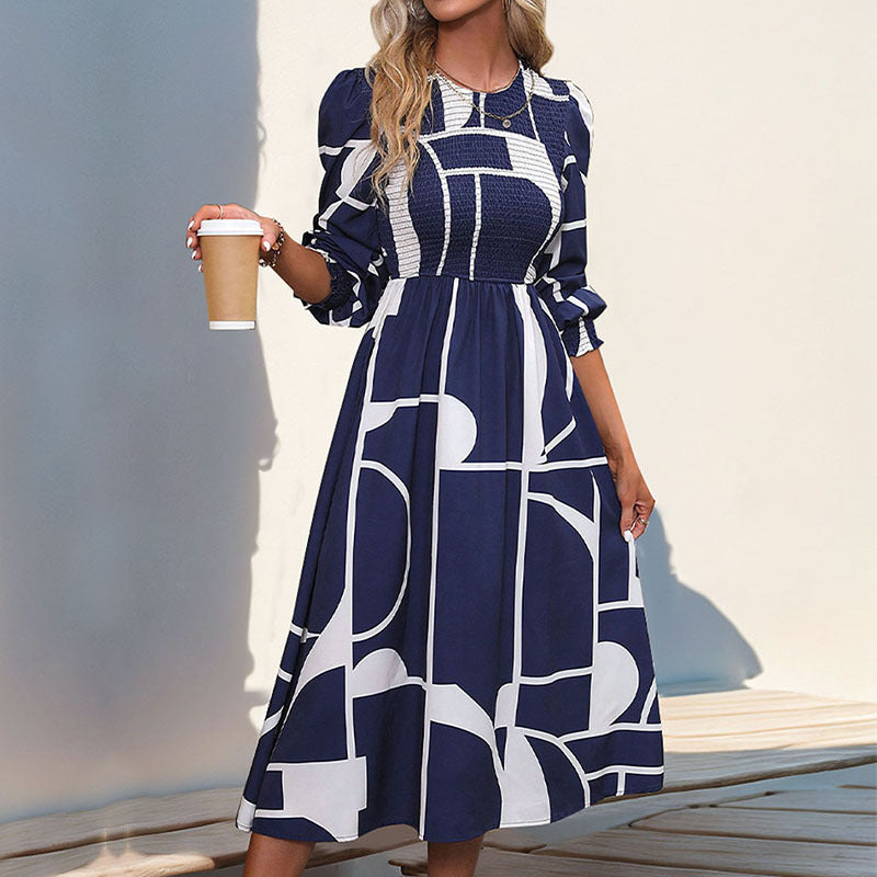 Fall Women Clothing Smocking Long Sleeve Printing Dress by Ragazza