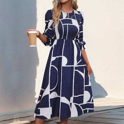 Fall Women Clothing Smocking Long Sleeve Printing Dress by Ragazza