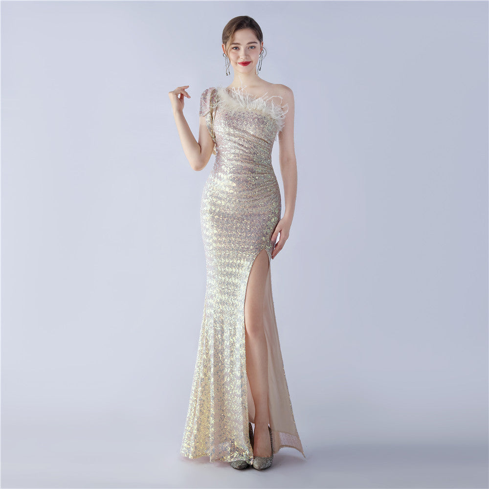 Craft Floral plus Ostrich Feather High End Sequined One Shoulder Evening Dress by Ragazza