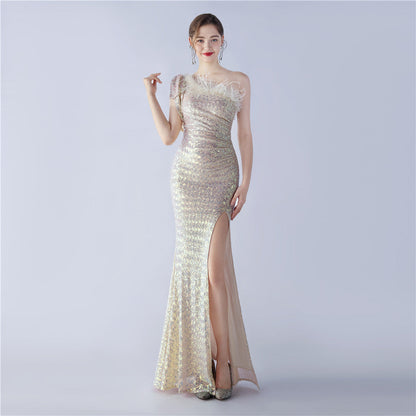 Craft Floral plus Ostrich Feather High End Sequined One Shoulder Evening Dress by Ragazza