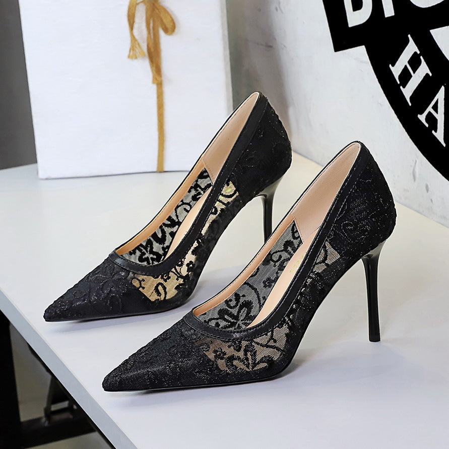 Hollow Out Cutout Super High Heel Women Shoes Pointed Toe Shallow Mouth Cocktail High Heels Floral Stiletto Heel Lace Shoes Women  DestGlow