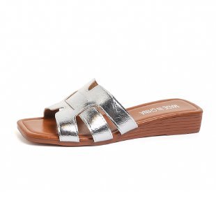 Hollow Out Cutout Low Heel Slippers Women Summer Outdoor Casual Silver Wedge Beach Slippers  DestGlow