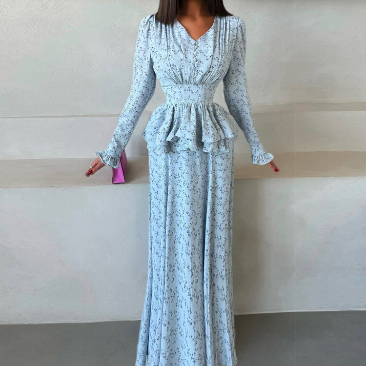 Women Clothing Waist Controlled Ruffled V neck Long Sleeve A line Dress Printed Maxi Dress Floral Dress  DestGlow