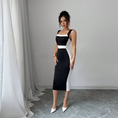 Summer Women Clothing Adult Lady Like Woman Intellectual Maxi Dress Square Neck Strap Contrasting Color Dress  DestGlow