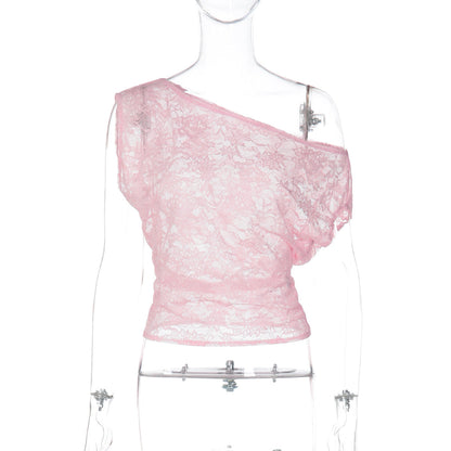 Women Clothing Winter Sexy Slim Hollow Out Cutout Lace Diagonal Collar Tight T shirt Sheer Top by Ragazza
