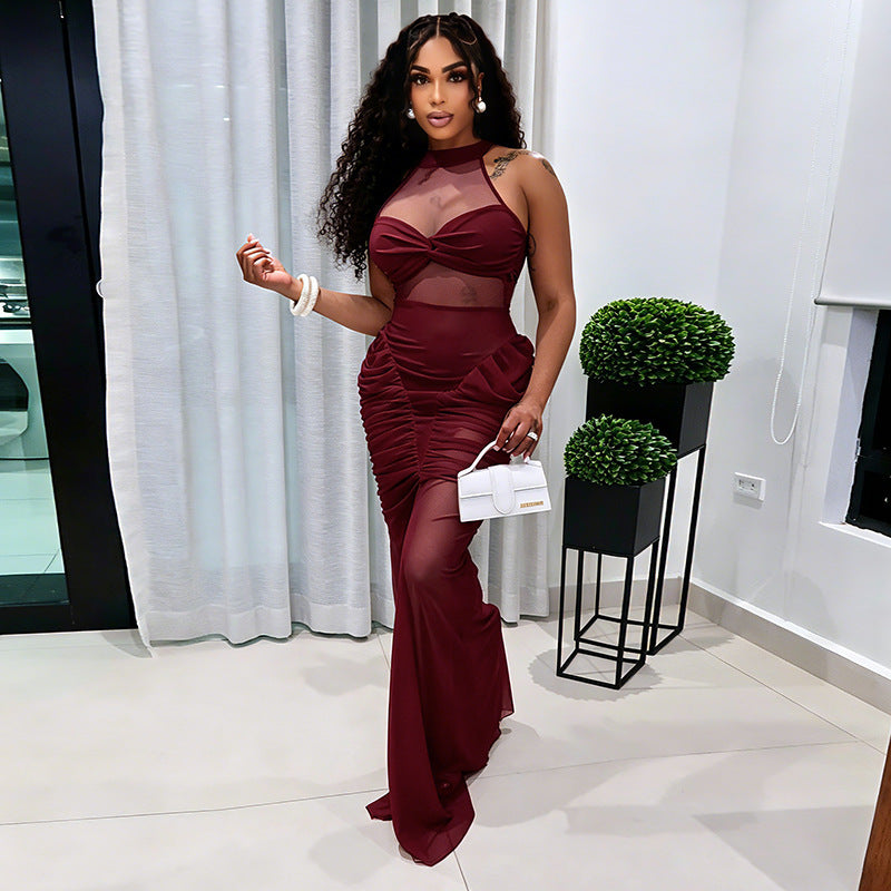 Women Clothing Summer Solid Color Casual Mesh Stitching Sleeveless Twisted Pleated Maxi Dress  DestGlow