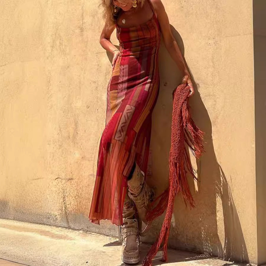 Sexy Sleeveless Printed Stretch Split Straps Tulle Dress by Ragazza