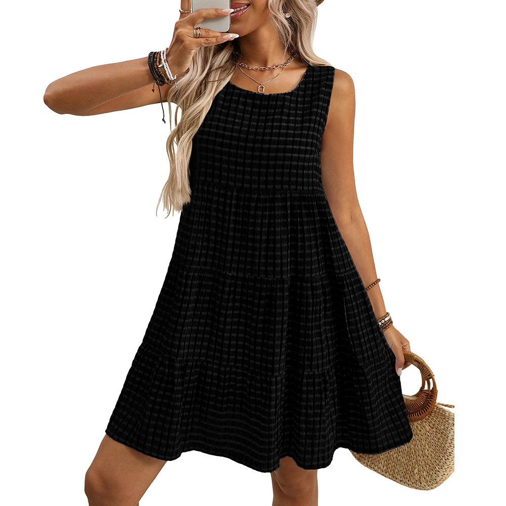 Summer Women Clothing Loose Casual Elegant Sleeveless Plaid Dress by Ragazza