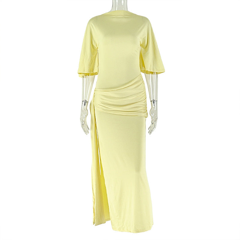 Women Clothing Backless Sexy Pleated Loose Hip Dress off Neck Lace up Split Maxi Dress by Ragazza