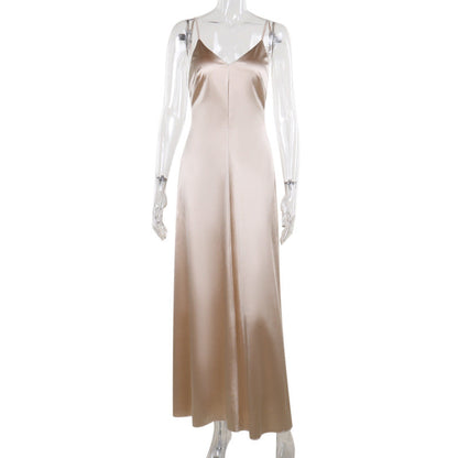 Fall Maxi Dress Socialite Sexy V neck Backless Satin Strap Dress  DestGlow