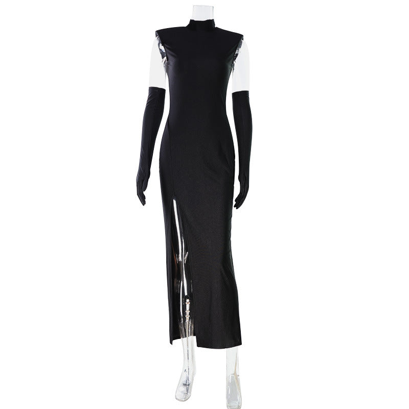 Sleeveless Elegant Women Red Carpet Cocktail Dress Sleeveless Solid Color High Slit Slim Fit Maxi Dress with Gloves by Ragazza