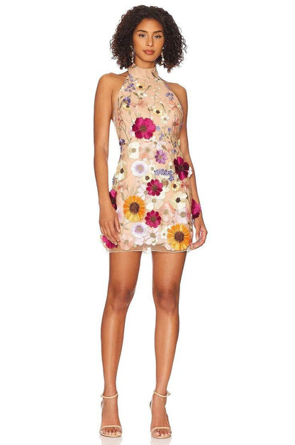 Women Embroidered Three Dimensional Floral Halter Slim Dress Small Dress by Ragazza