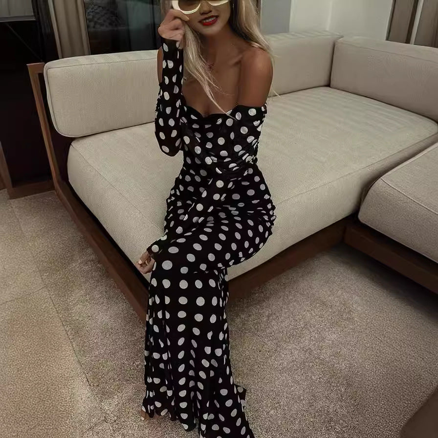 Spring Summer Gauze Polka Dot Stitching off Shoulder Sexy Slim Dress for Women by Ragazza