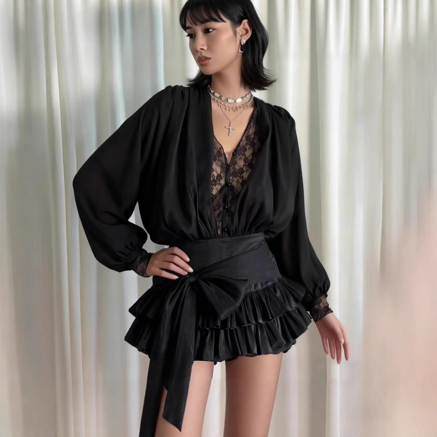 Autumn French Pure Lace Splicing Sexy V neck Long Sleeve Dress by Ragazza